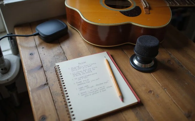 Guitar, lyric notebook, and a mic in a home studio