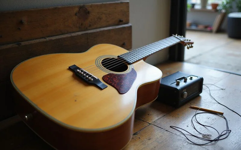 A guitar and small amp set up at the edge of an event space