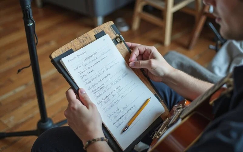 Practising at home with a written lesson recap propped up