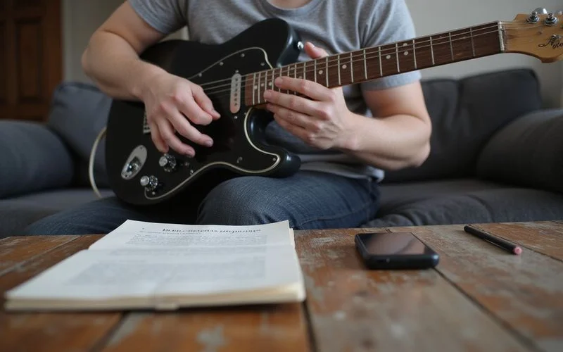 A beginner trying an electric guitar unplugged at home