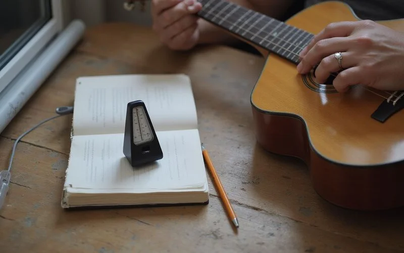 A metronome beside a strumming hand in motion