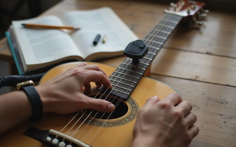 Hands on an acoustic guitar fretboard during a lesson