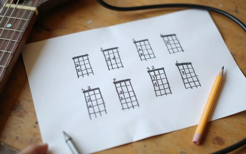 The five CAGED shapes sketched out beside a guitar