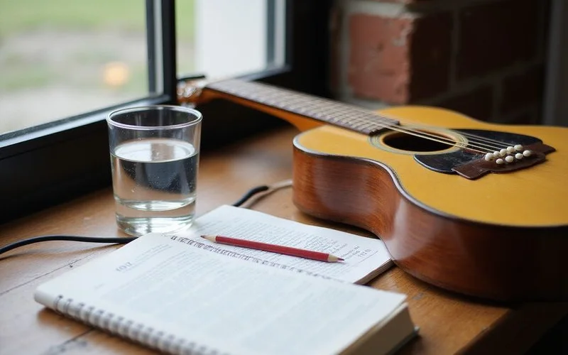 A glass of water and a guitar by the window during a warm-up