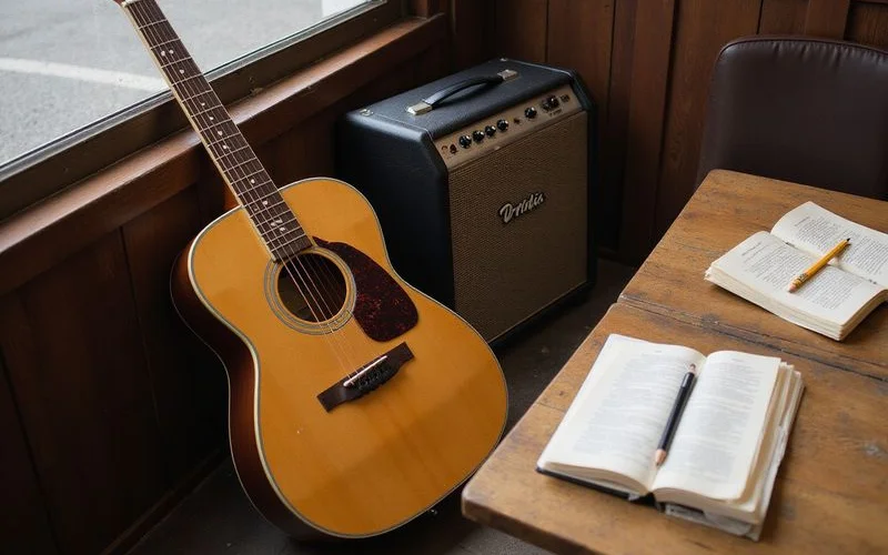 A compact guitar and amp setup tucked into a restaurant corner