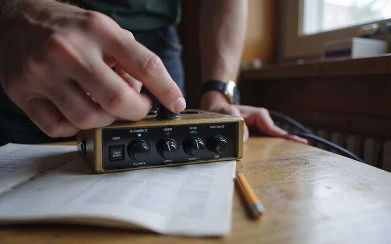Adjusting the gain and tone knobs on a small amp
