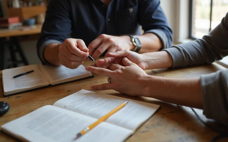 An instructor spotting a fault in a student's fretting hand