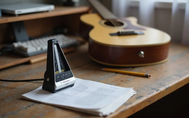 A metronome beside a guitar on a practice desk