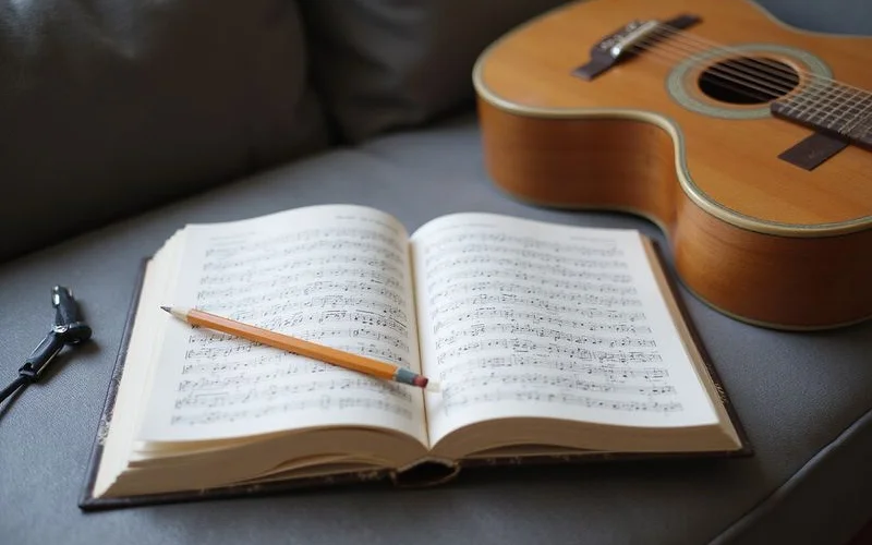 A songbook open beside a guitar on the couch