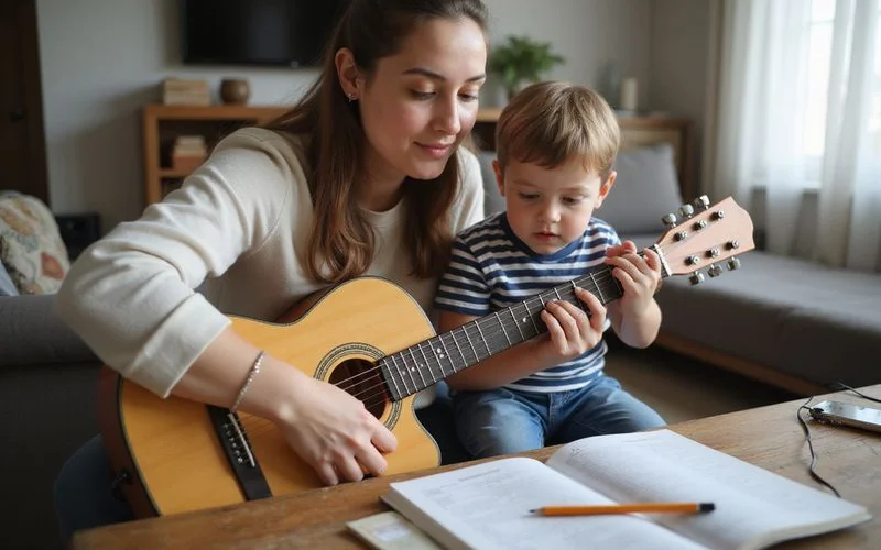 A parent and child looking at a small beginner guitar together