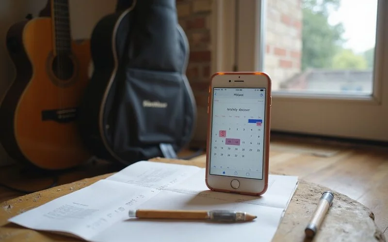 A weekly lesson slot in the calendar beside a guitar case by the door