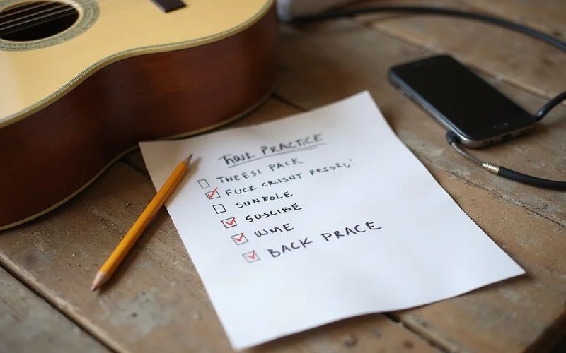 A short handwritten practice checklist beside a guitar