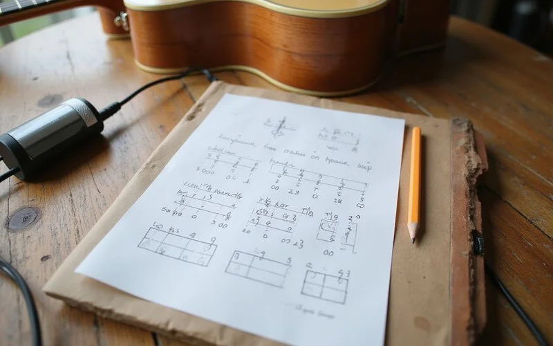 A simple fingerpicking pattern written out beside a guitar