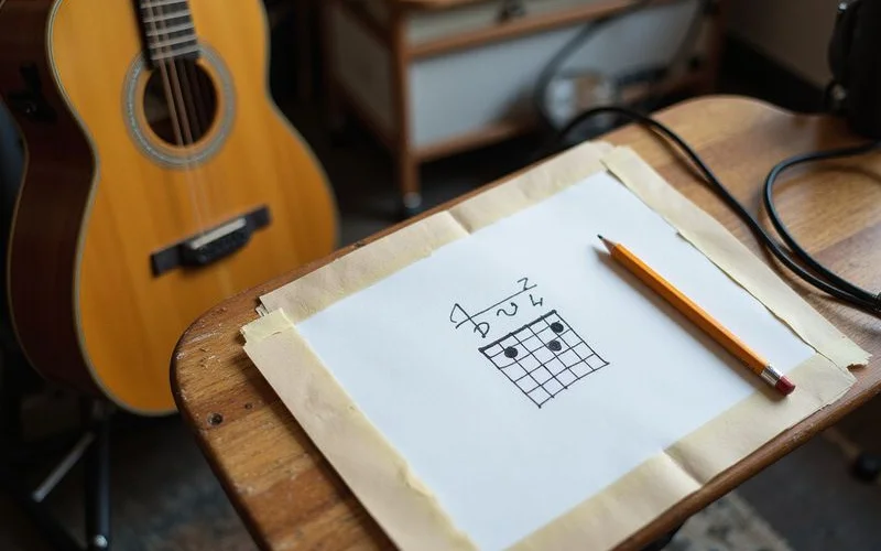 A chord diagram taped to a music stand beside a guitar