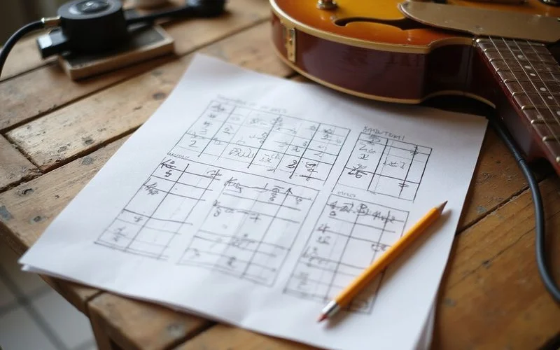 A simple handwritten chord chart beside a guitar