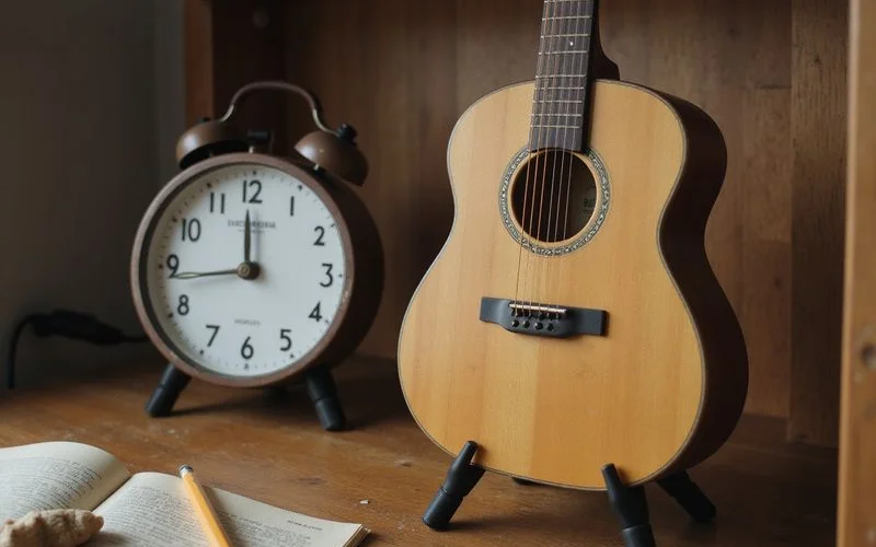 A clock beside a kid-size guitar on a stand