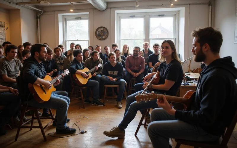 A supportive crowd of fellow students watching a performer