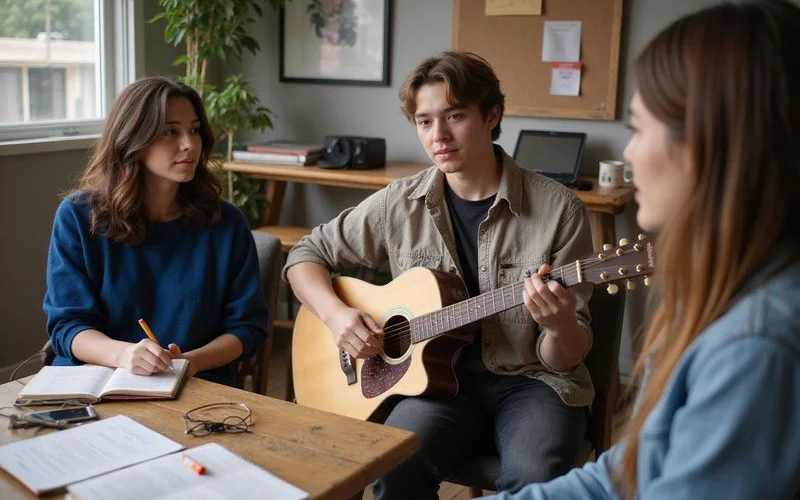 Two students sitting in on the same song