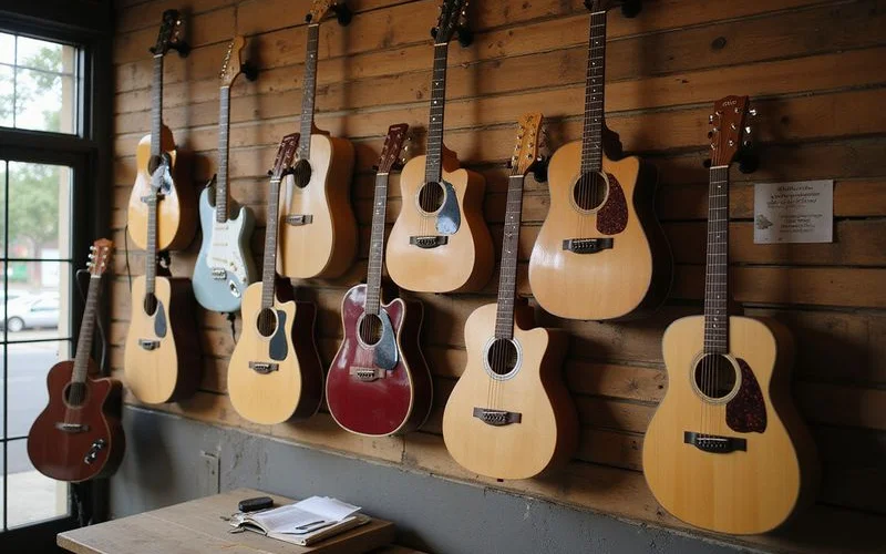 A wall of guitars at a local Austin music shop