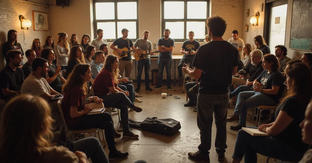 A room of about 25 people at a student open mic