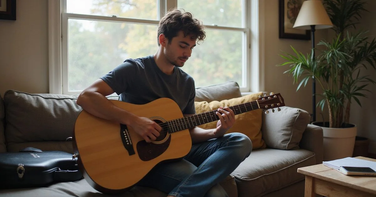 An adult beginner with a new acoustic guitar at home in early fall