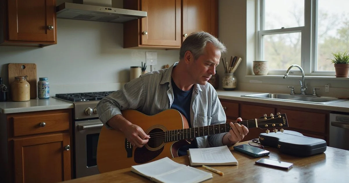 An adult in their fifties practising guitar at the kitchen table