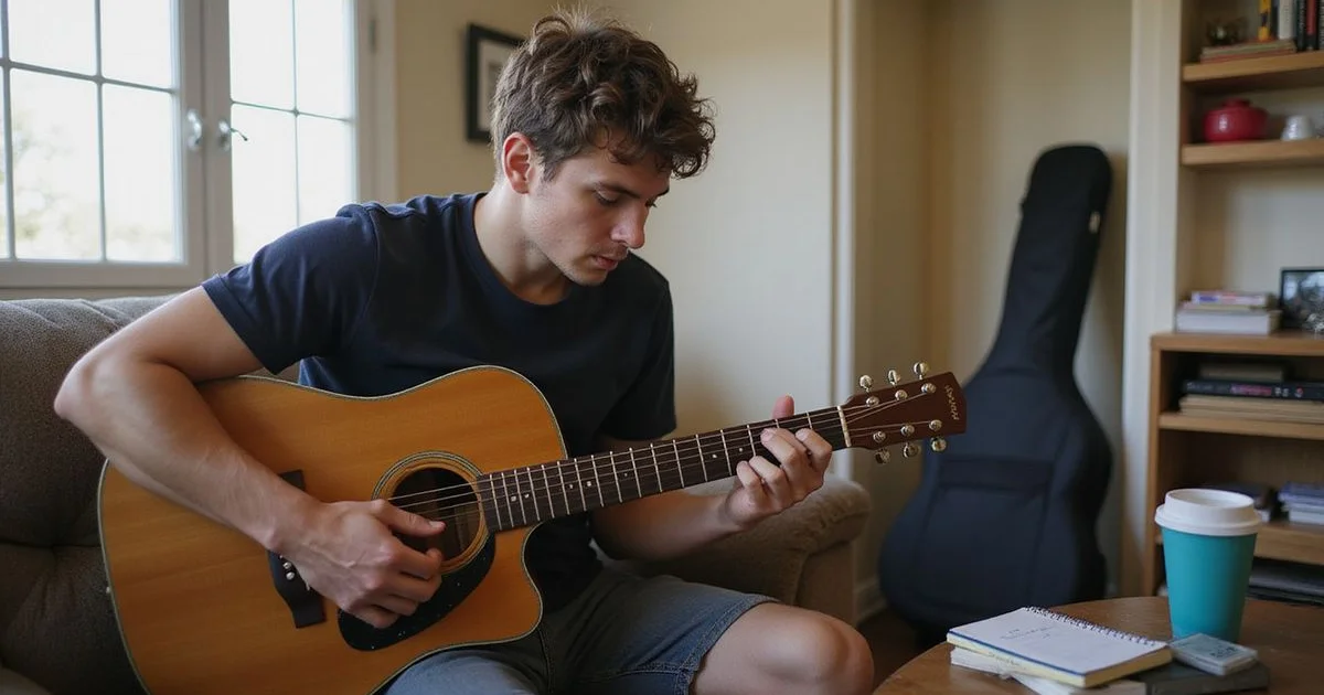 An adult student a few months in, playing a full song at home