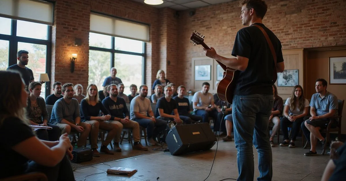 An adult student performing at a student open mic in Austin