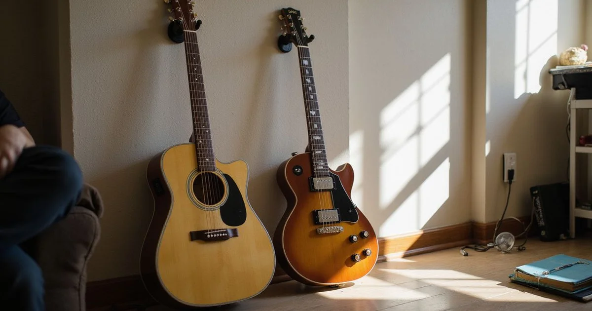 An acoustic and an electric guitar leaning side by side
