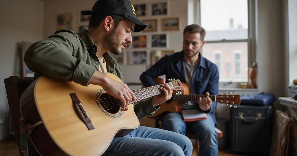 A beginner forming a first open chord with the instructor watching