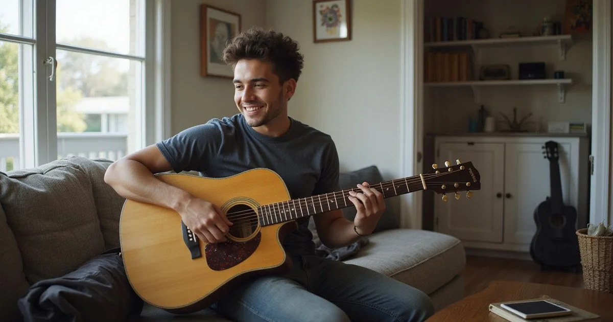 A beginner playing through their first complete song at home