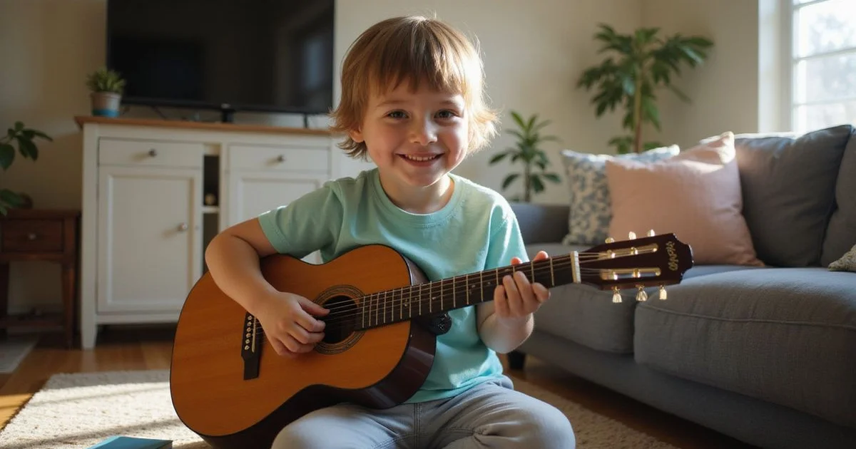 A child playing a simple song at home and enjoying it
