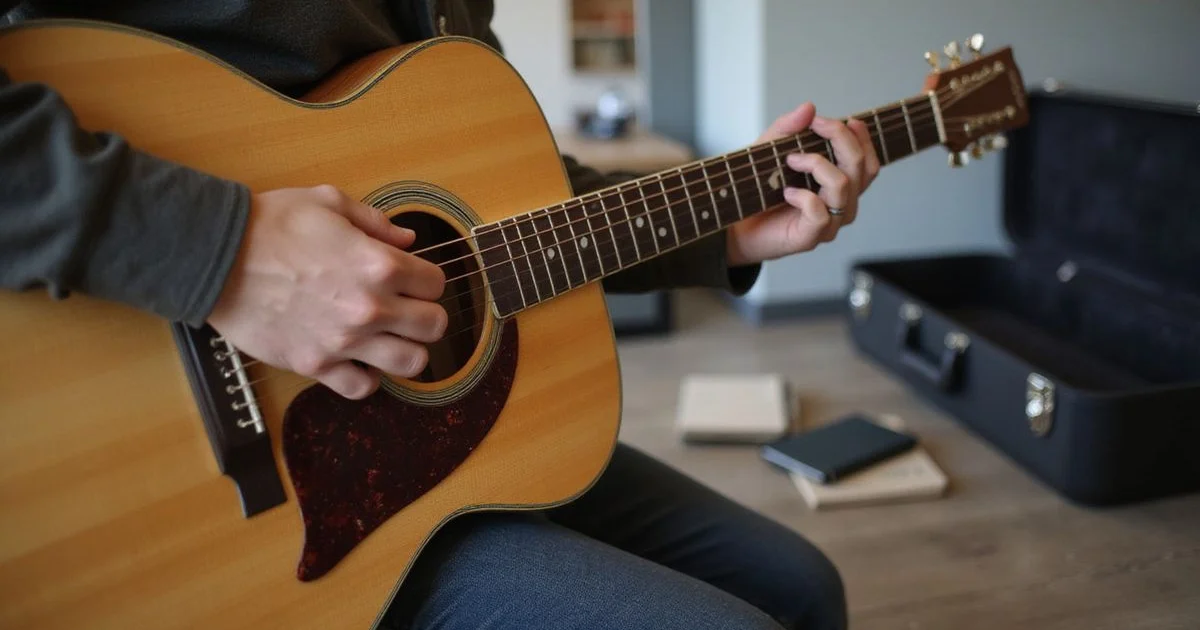 A right hand fingerpicking an acoustic guitar