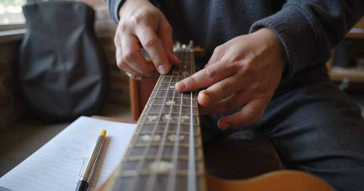 Fingertips pressing steel strings against the fretboard