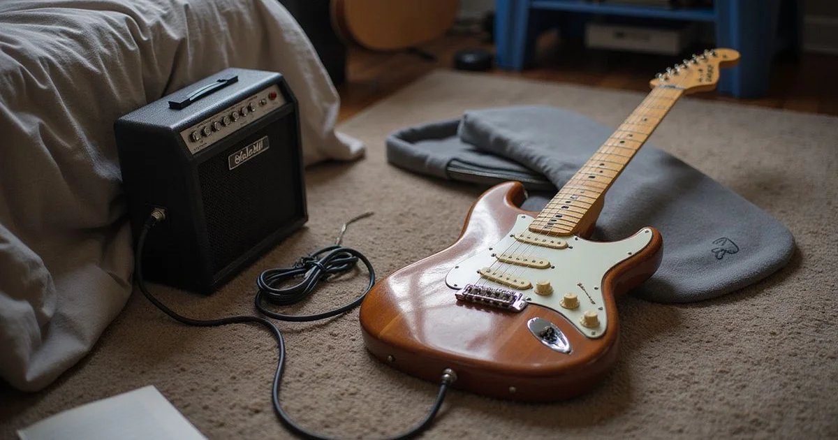 An electric guitar plugged into a small practice amp at home