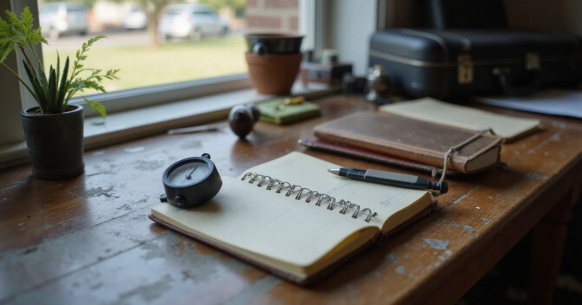 A practice desk with a guitar, notebook, and metronome