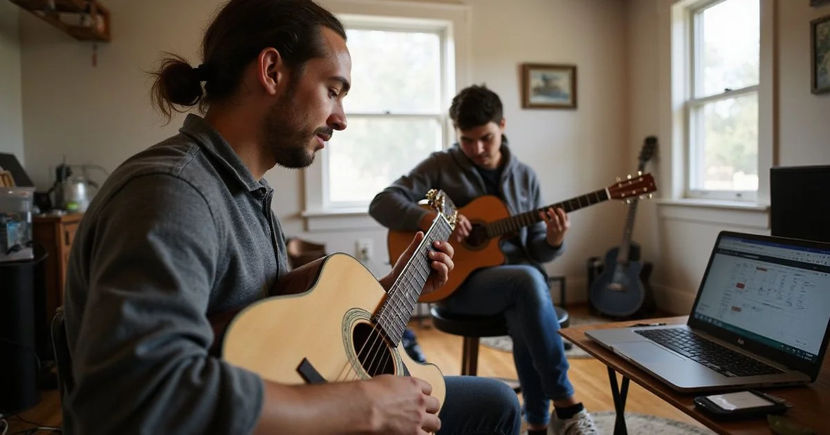 A guitar lesson in progress with the scheduling calendar open nearby