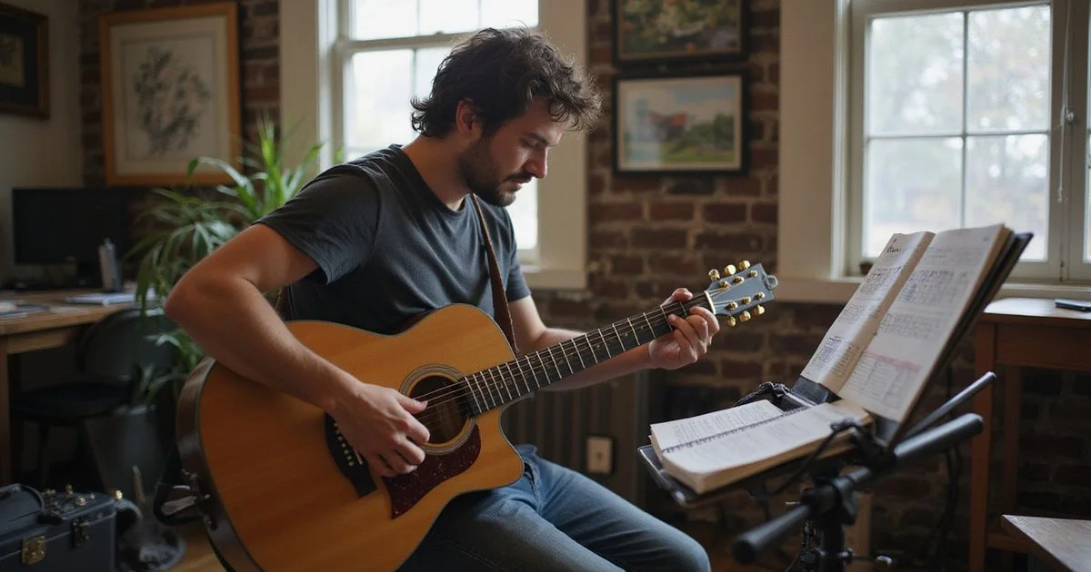 A guitarist glancing at a chord chart while playing