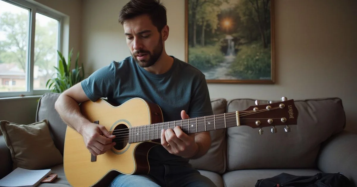A guitarist running scales at home without much enthusiasm