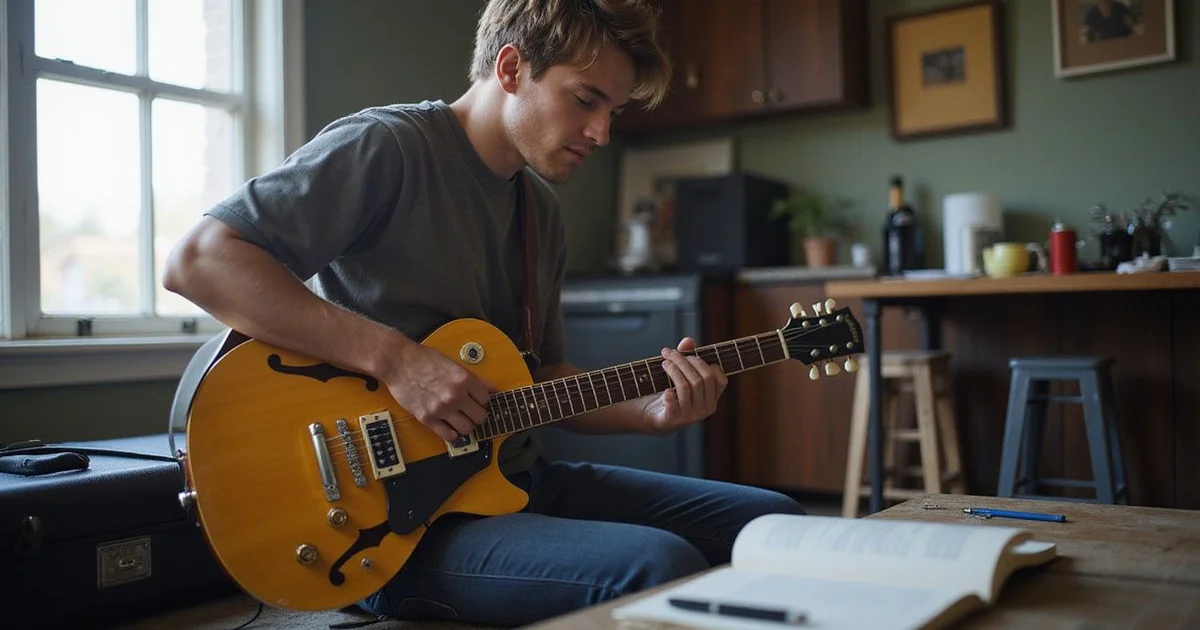 A guitarist mapping shapes along the neck