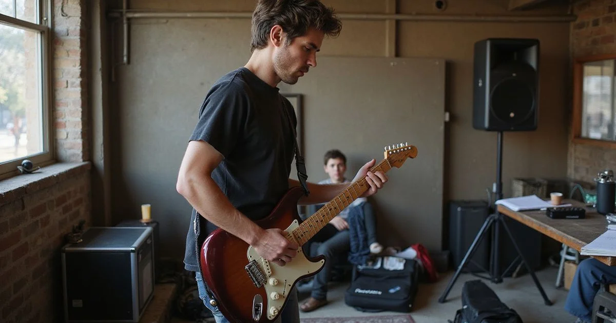 A guitarist playing lead high up the neck