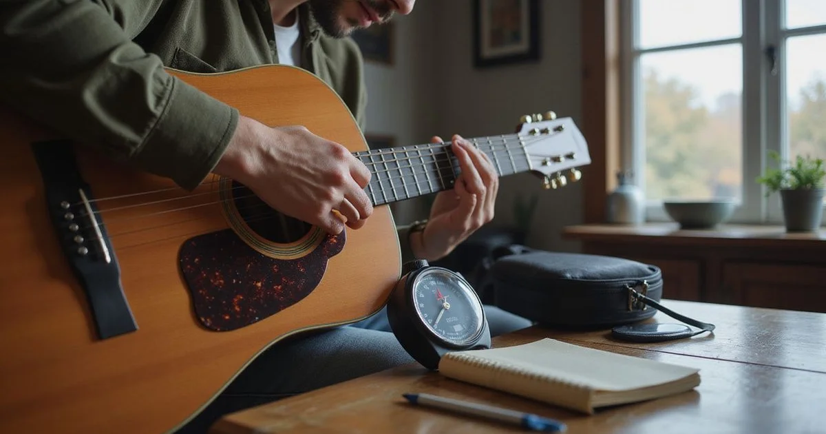 A guitarist strumming steadily with a metronome running
