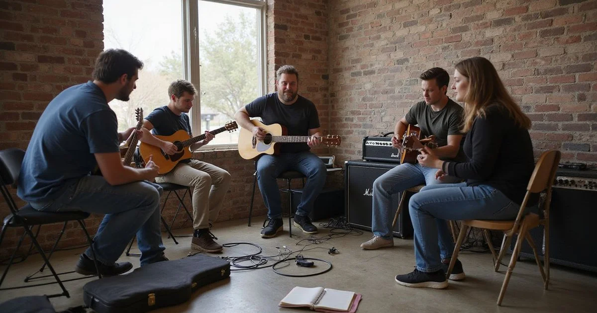 Guitarists and a singer jamming in a casual circle