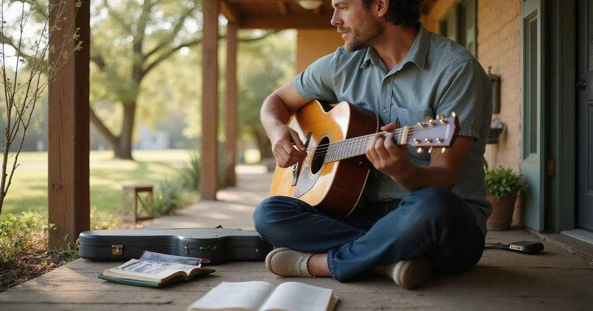 Playing acoustic guitar on a porch with a songbook nearby