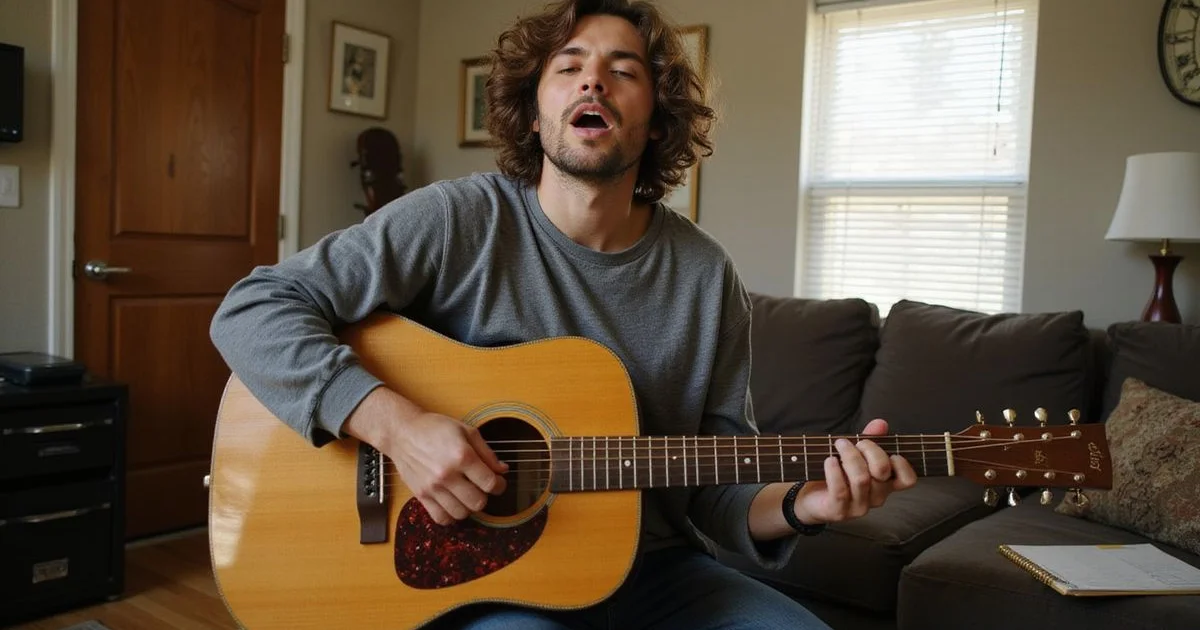 Singing while strumming an acoustic guitar at home