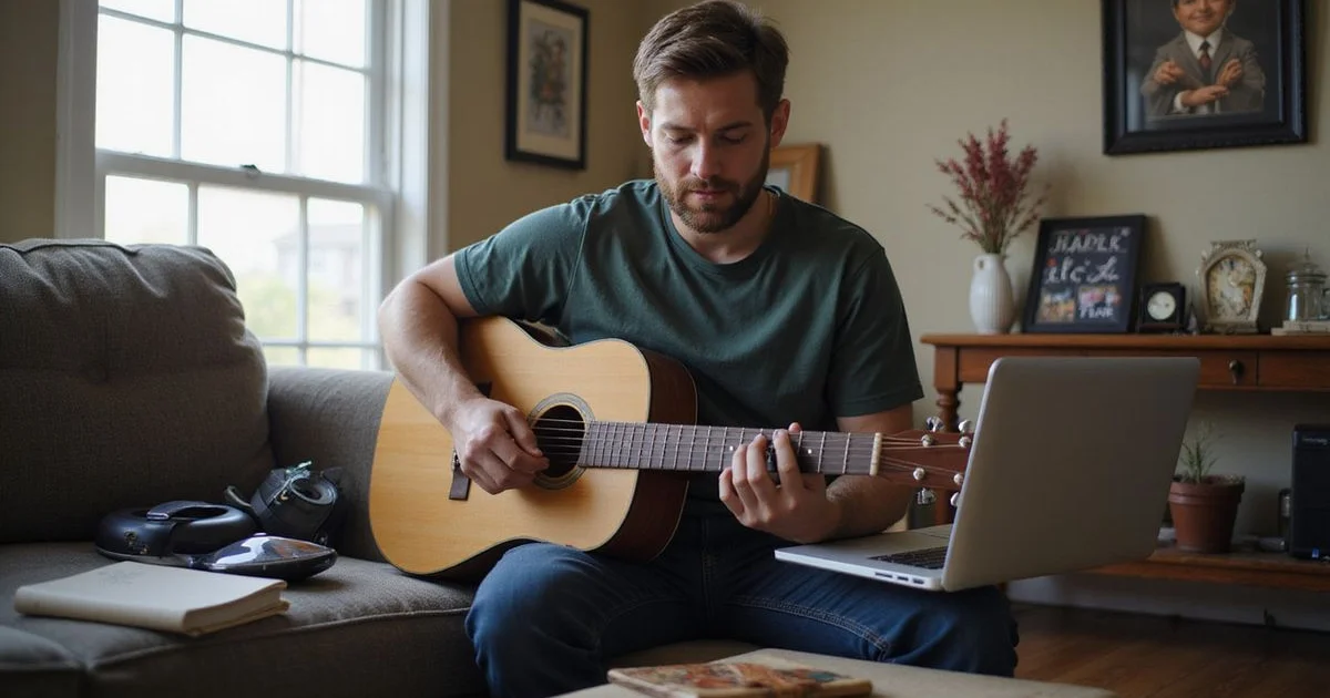 Taking a live guitar lesson over a laptop video call