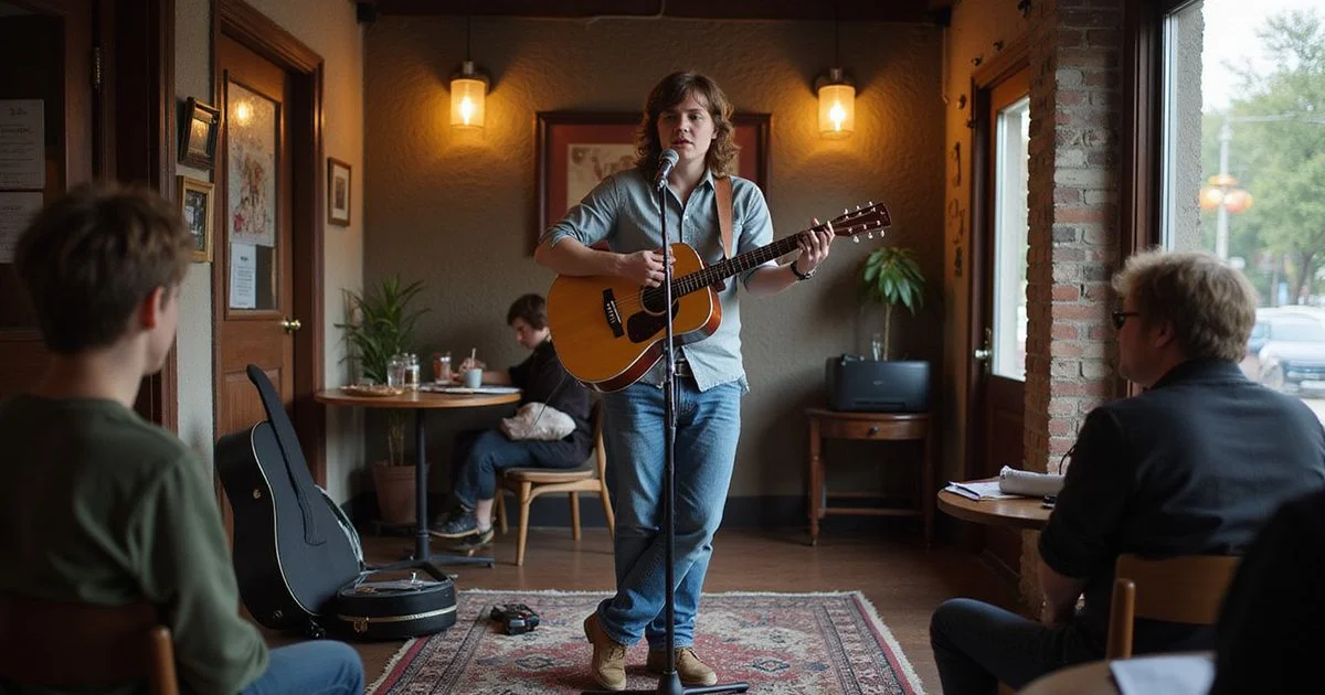 A singer-songwriter performing an original at a small Austin open mic