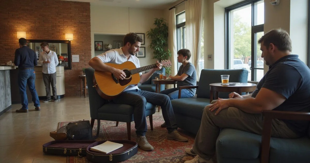 A solo guitarist playing quietly in a hotel lobby corner