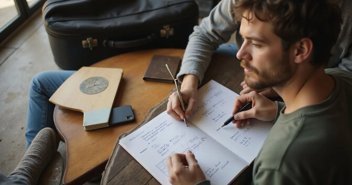 A songwriter sketching a verse-chorus map in a notebook