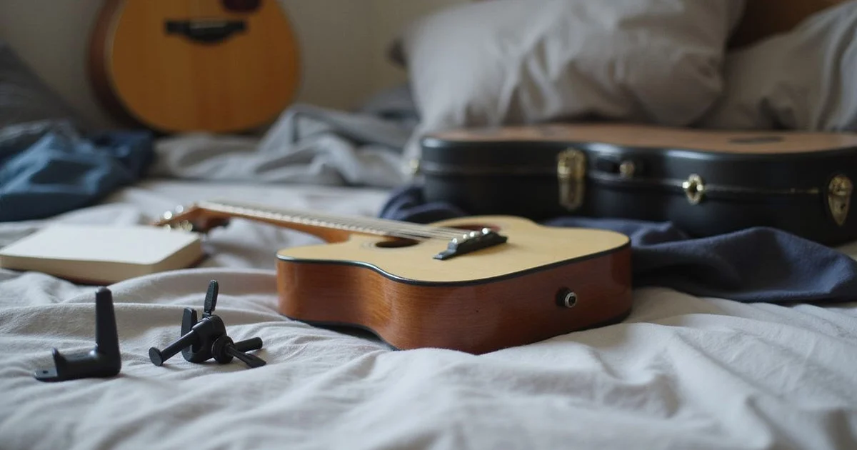A starter acoustic guitar, clip-on tuner, and capo laid out together